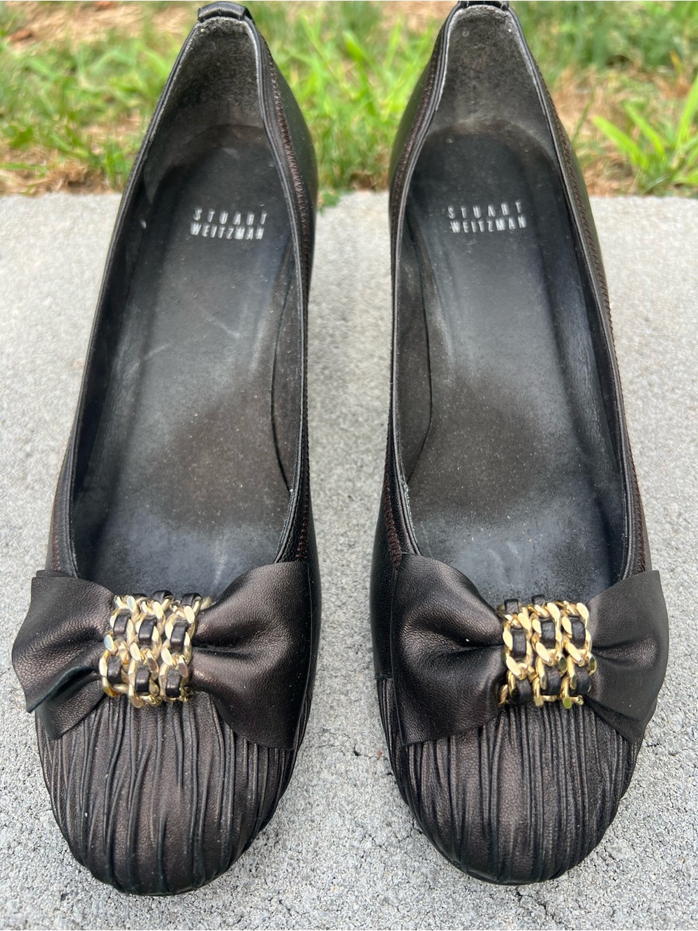 Stuart Weitzman Chocolate Brown Bow Chain Accent Ballet Flats